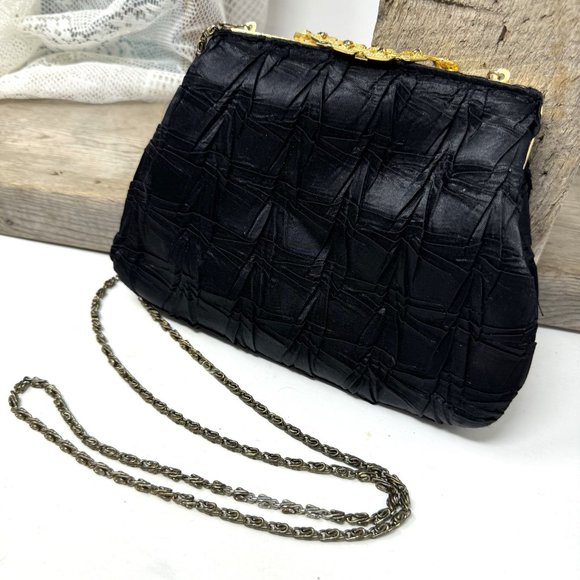 Elegant Black Fabric & Rhinestone Evening Purse w/ Chain - Picture 4 of 8